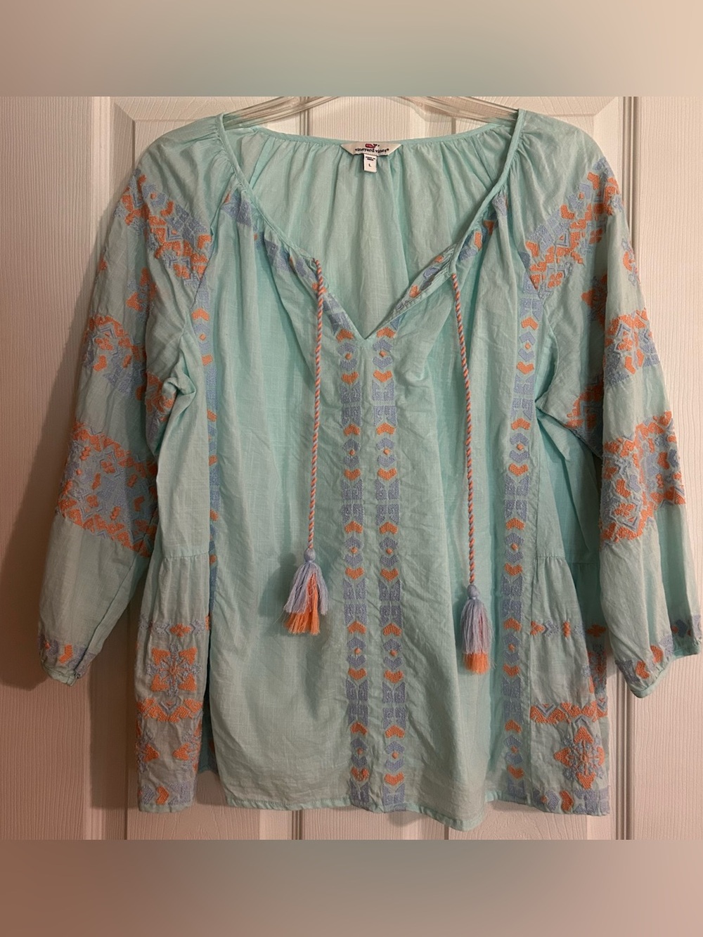 Light Aqua Embroidered Peasant Top with Tassel Ties